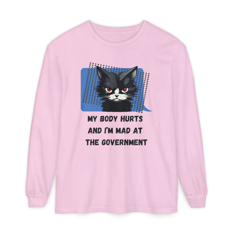 Long Sleeve T‑Shirt – "My Body Hurts and I’m Mad at the Government" Cat Graphic Oversized Tee