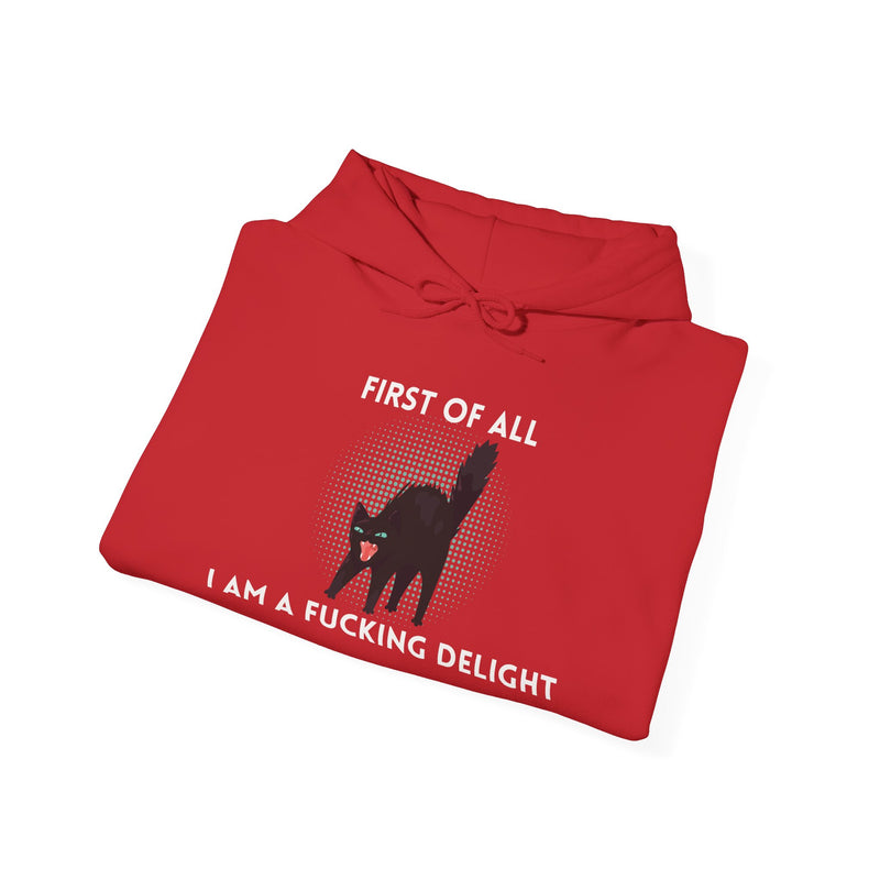 Sassy Cat Unisex Hoodie — "...I Am A Fucking Delight!" Graphic Hooded Sweatshirt