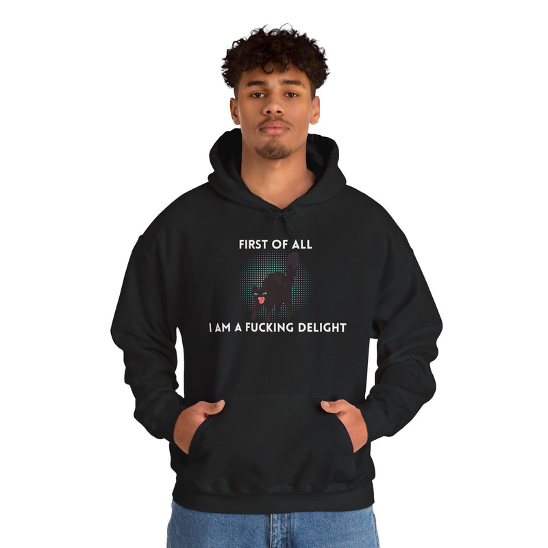 Sassy Cat Unisex Hoodie — "...I Am A Fucking Delight!" Graphic Hooded Sweatshirt