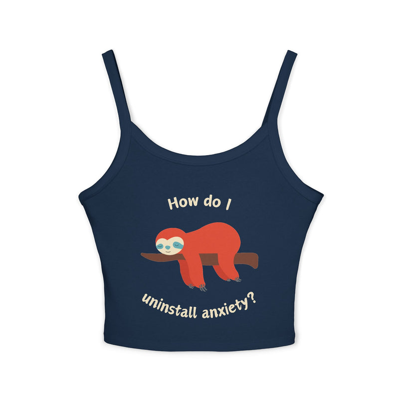 Women’s Tank Top — Exhausted Sloth “How do I uninstall anxiety?” Graphic Crop Tank