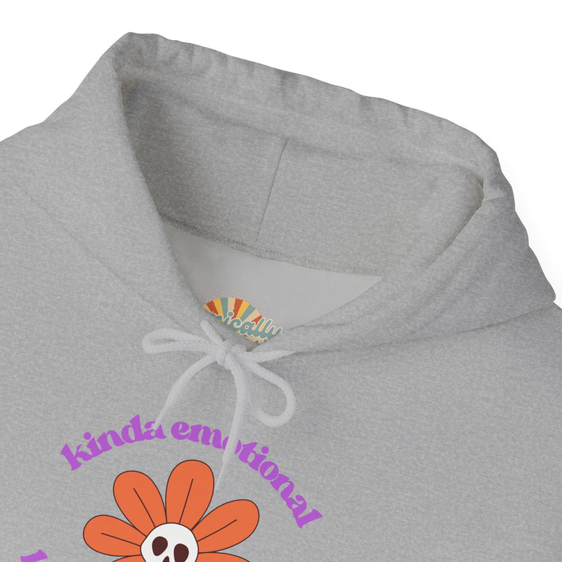 Floral Skull Graphic Hoodie — "Kinda Emotionless, Kinda Emotional" Mental Health Awareness Hooded Sweatshirt