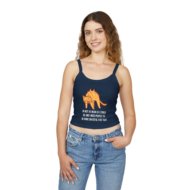 Spaghetti Tank Top — Sassy Cat "I'm Not as Mean as I Could Be" Graphic Crop Tank