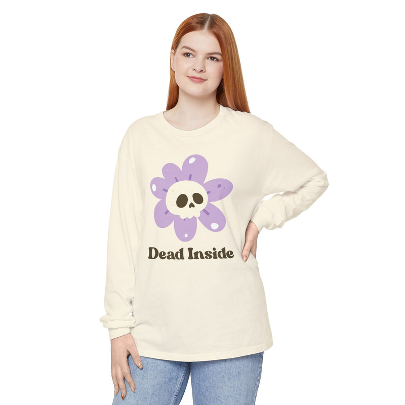 "Dead Inside" Oversized T-Shirt - Skull Flower Long Sleeve Tee