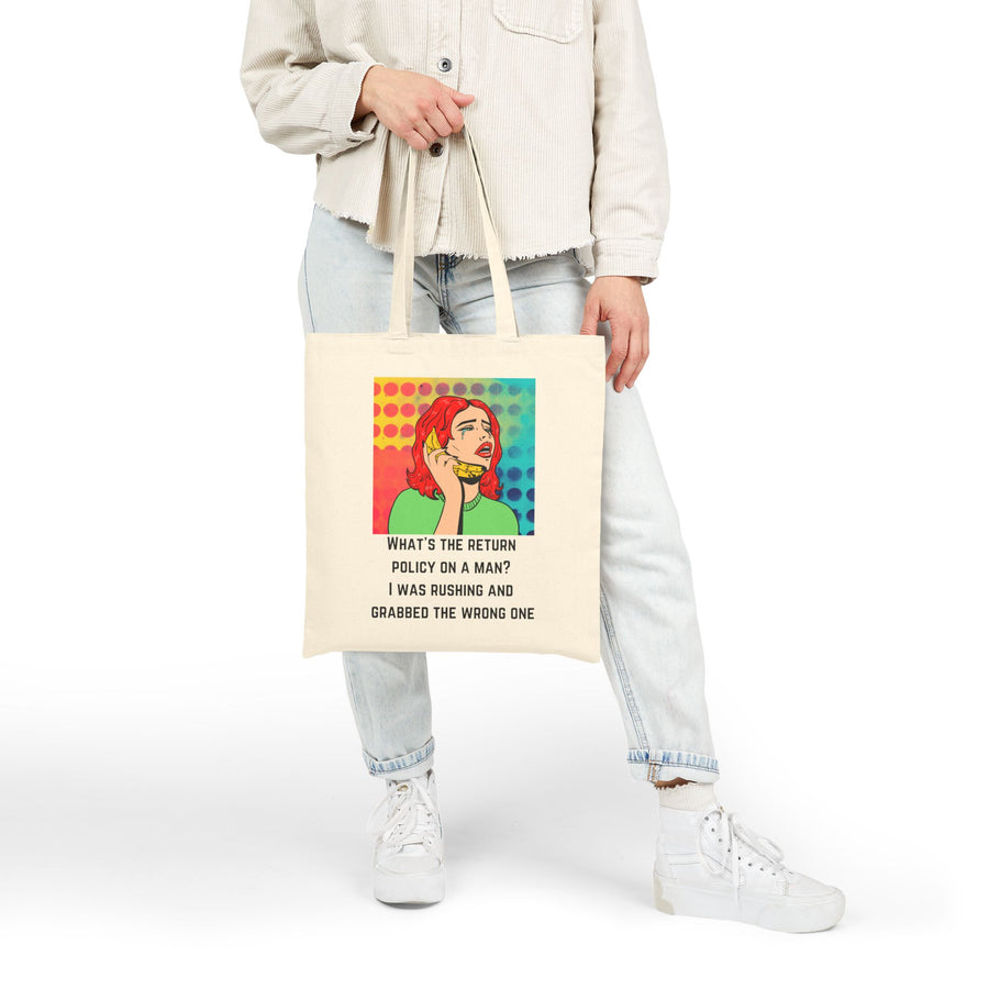 Canvas Tote Bag — Retro Pop Art 'What's the Return Policy on a Man? Shopper Tote