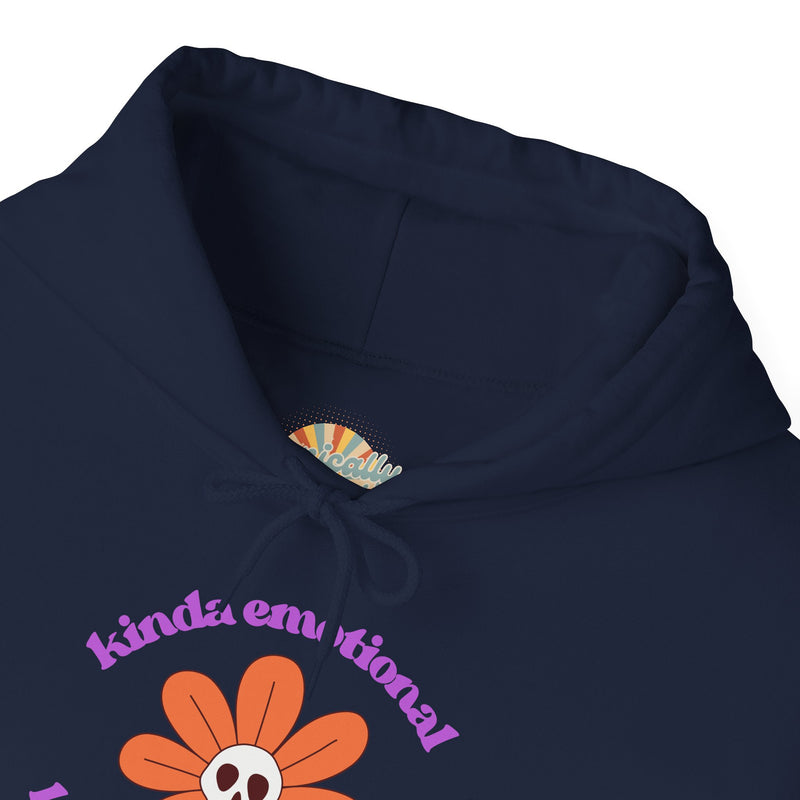 Floral Skull Graphic Hoodie — "Kinda Emotionless, Kinda Emotional" Mental Health Awareness Hooded Sweatshirt