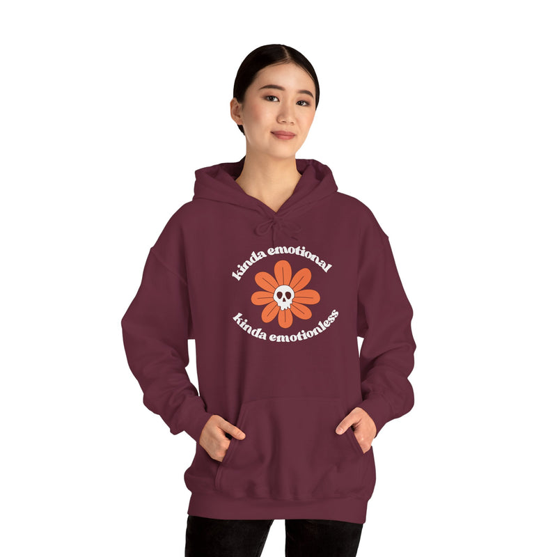 Floral Skull Graphic Hoodie — "Kinda Emotionless, Kinda Emotional" Mental Health Awareness Hooded Sweatshirt