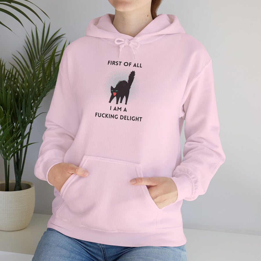 Sassy Cat Hoodie — "...I Am A Fucking Delight!" Graphic Hooded Sweatshirt