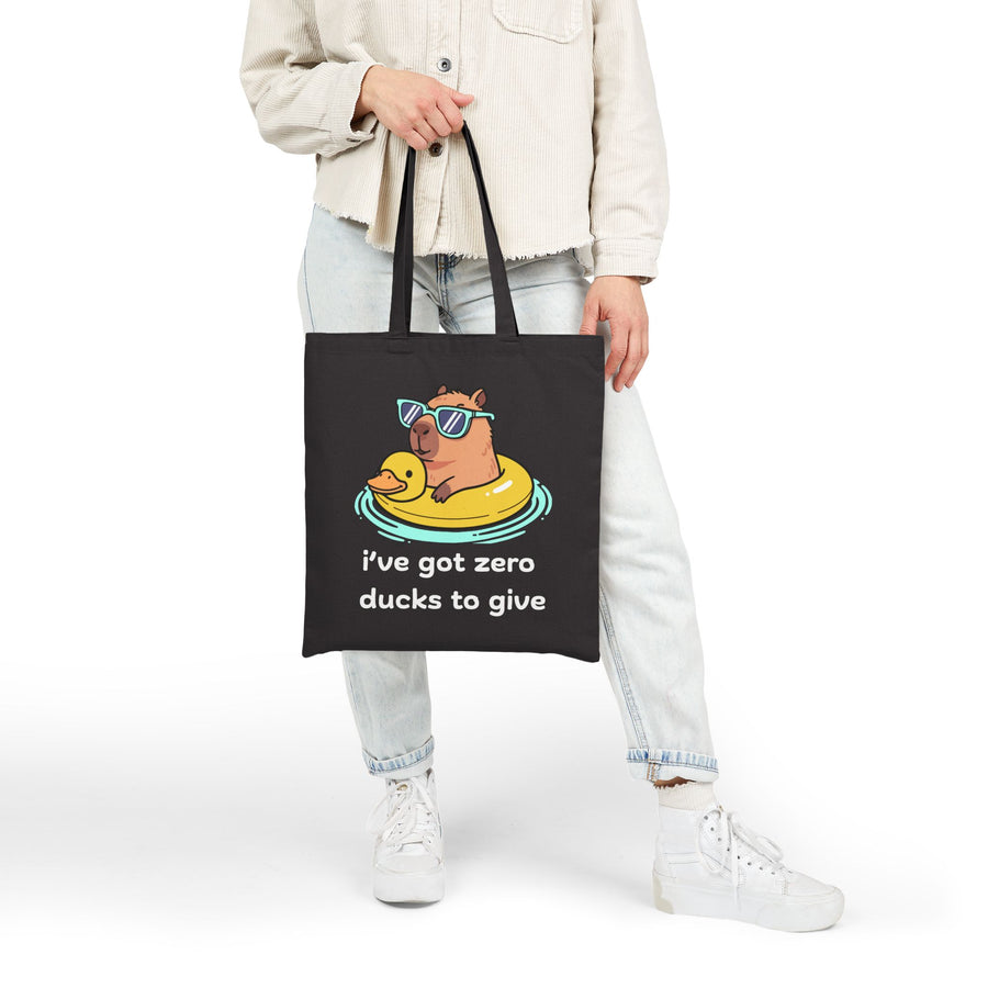 Canvas Tote Bag —Capybara Float with Rubber Duck “I’ve Got Zero Ducks to Give”