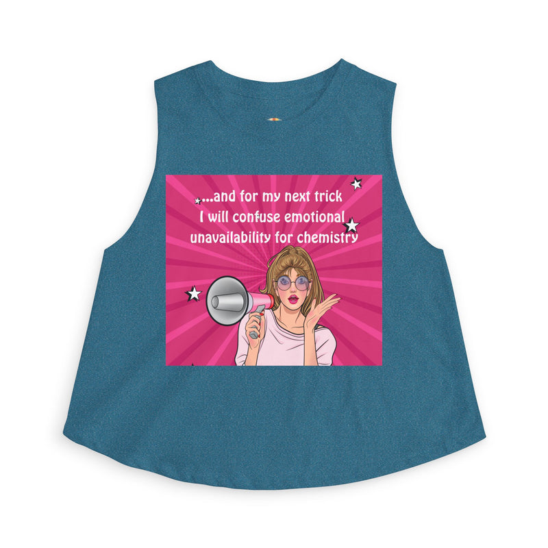 Crop Top — Funny Pink Pop Art "...and for My Next Trick I Will Confuse Emotional Unavailability for Chemistry" Pop Art Graphic Festival Tank