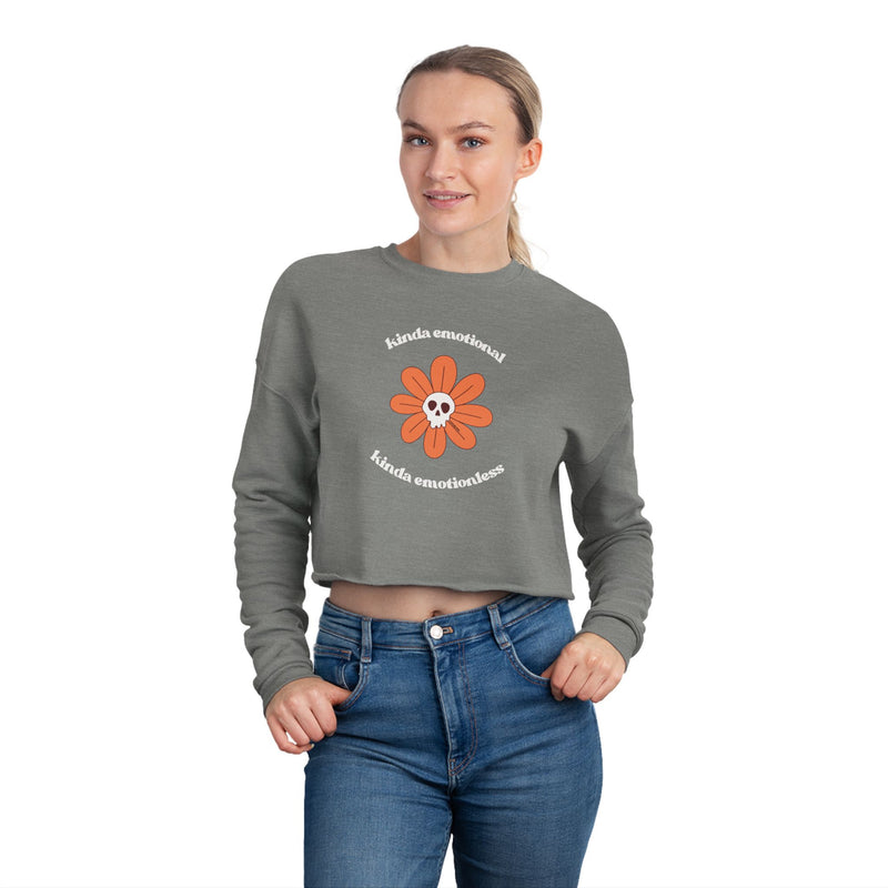 'Kinda Emotional Kinda Emotionless' Cropped Sweatshirt — Retro Daisy Skull Graphic Crop Top