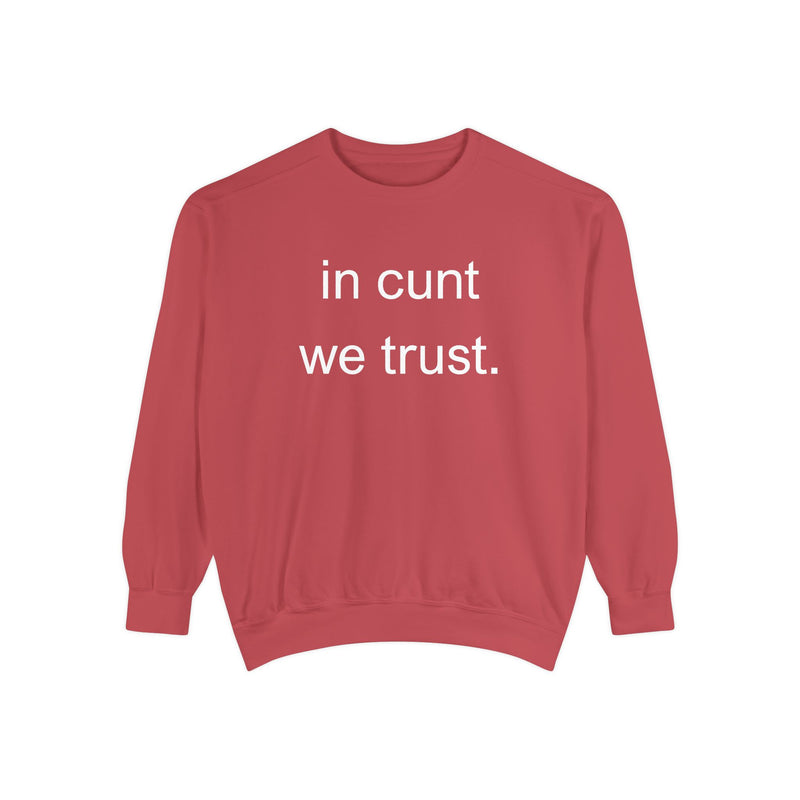 Graphic Sweatshirt — “in cunt we trust.” Bold Provocative Slogan Pullover