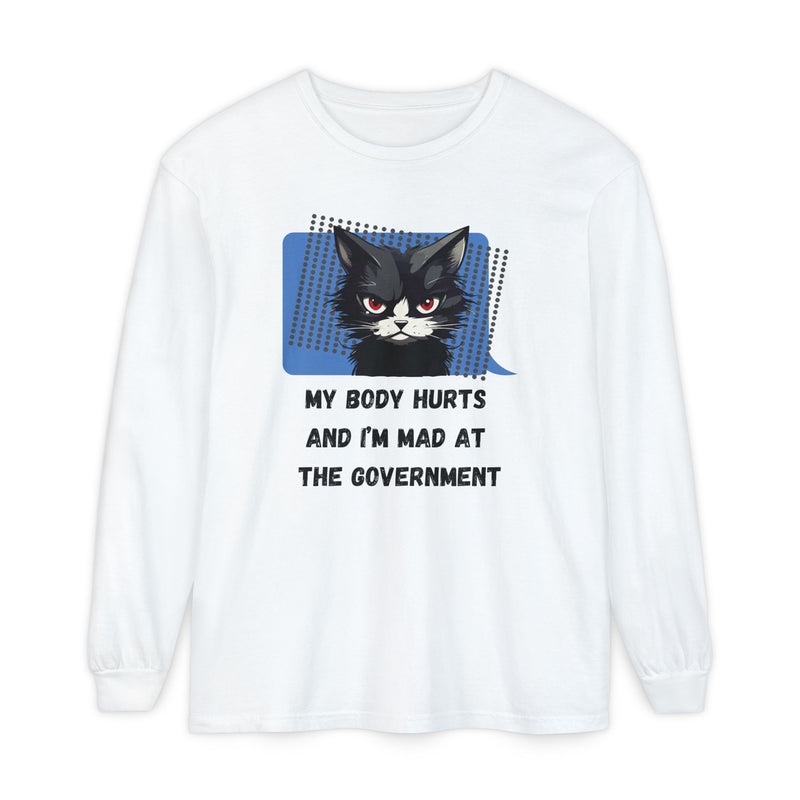 Long Sleeve T‑Shirt – "My Body Hurts and I’m Mad at the Government" Cat Graphic Oversized Tee