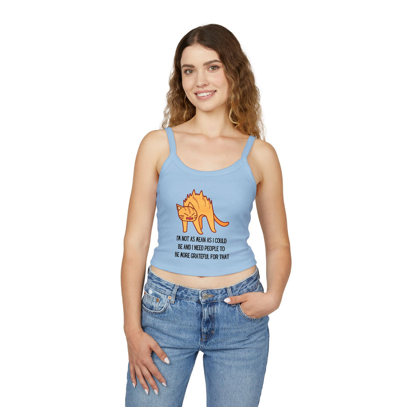 Spaghetti Tank Top — Sassy Cat "I'm Not as Mean as I Could Be" Graphic Crop Tank