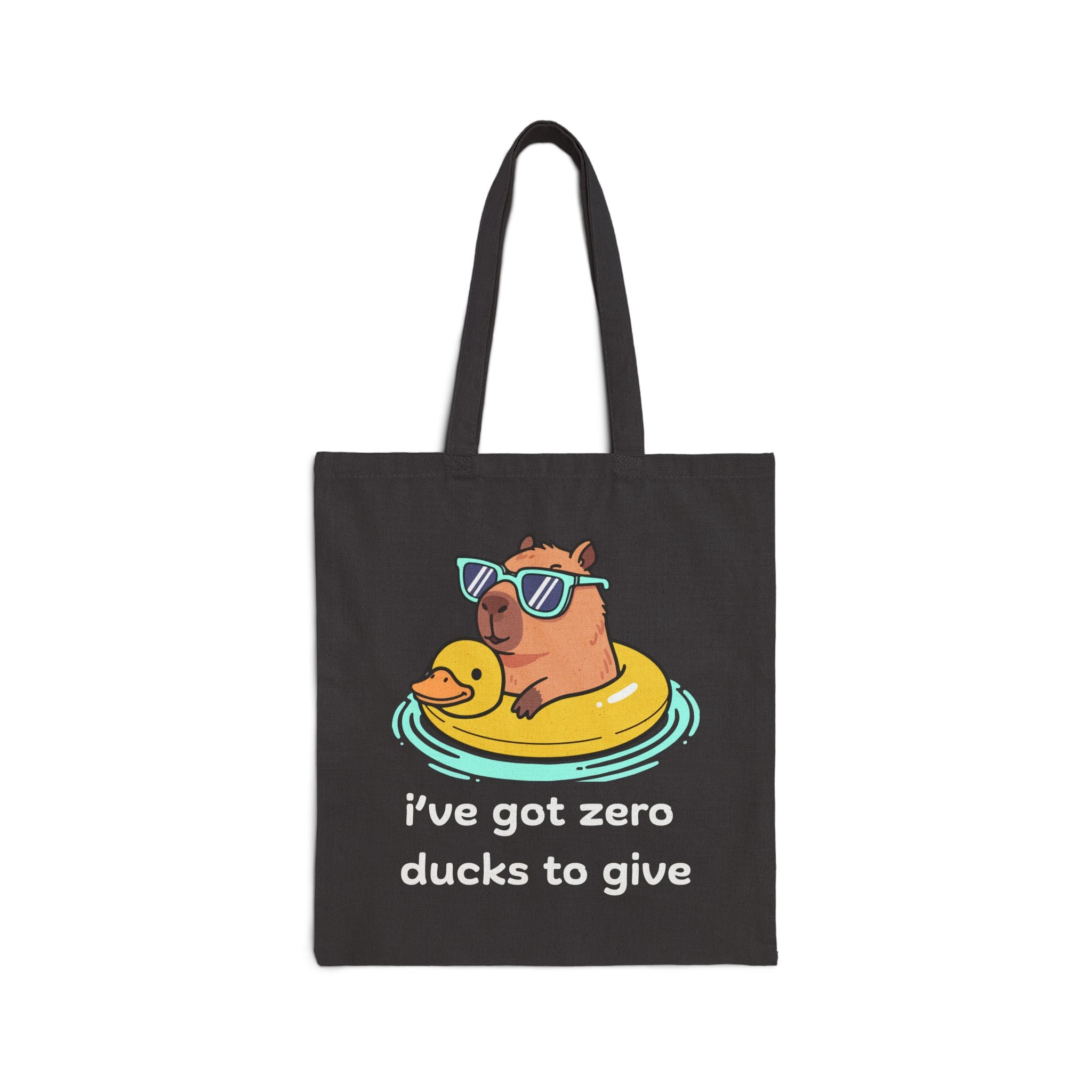 Canvas Tote Bag —Capybara Float with Rubber Duck “I’ve Got Zero Ducks to Give”