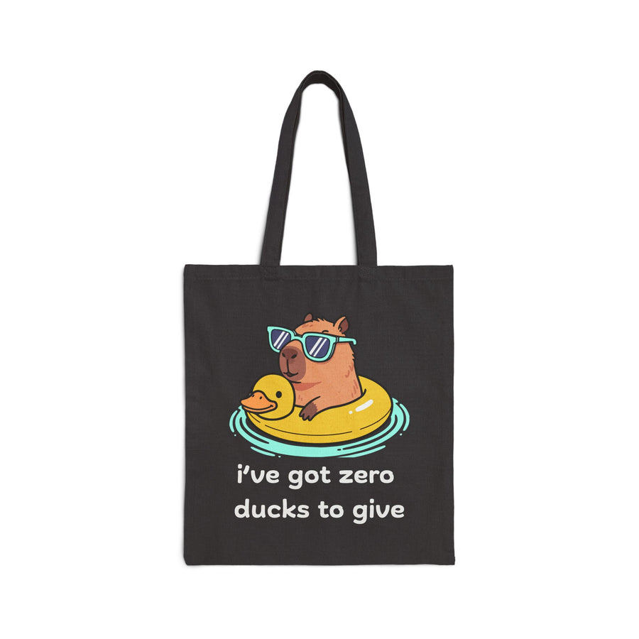 Canvas Tote Bag —Capybara Float with Rubber Duck “I’ve Got Zero Ducks to Give”