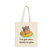 Canvas Tote Bag —Capybara Float with Rubber Duck “I’ve Got Zero Ducks to Give”