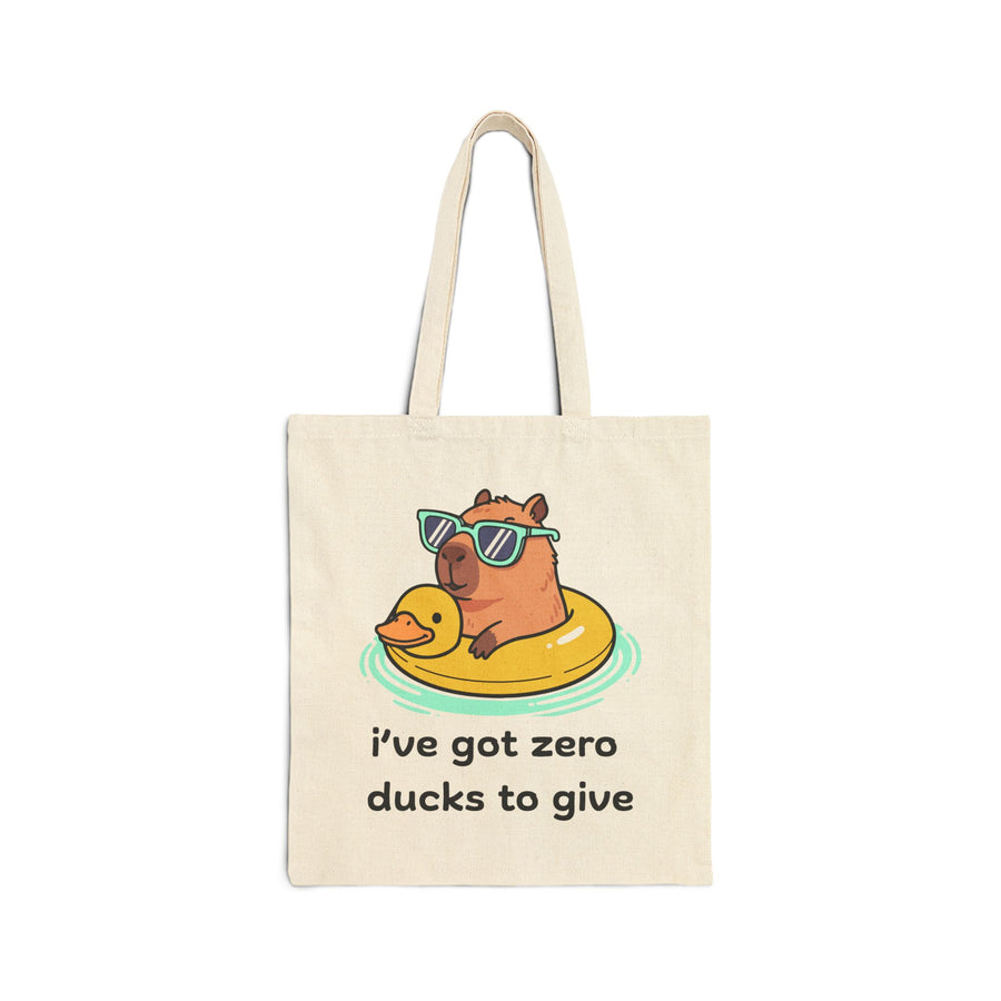 Canvas Tote Bag —Capybara Float with Rubber Duck “I’ve Got Zero Ducks to Give”