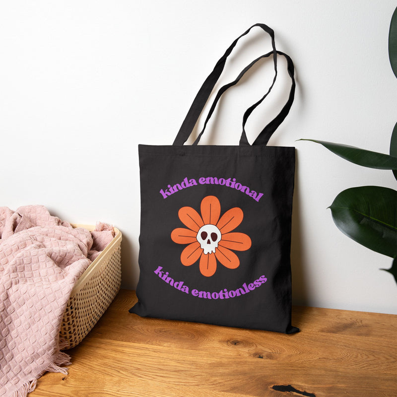 Retro Skull Flower Reusable Tote Bag — "kinda emotional kinda emotionless" Cotton Canvas Mental Health Awareness Tote