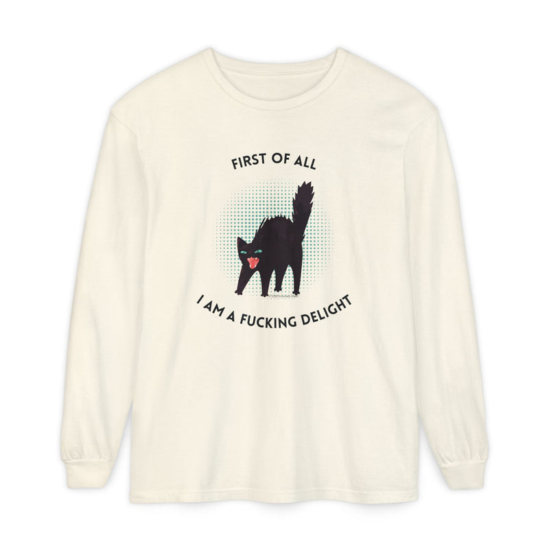 Long Sleeve Tee — “First of All I Am a Fucking Delight” Black Cat Graphic Oversized T-Shirt