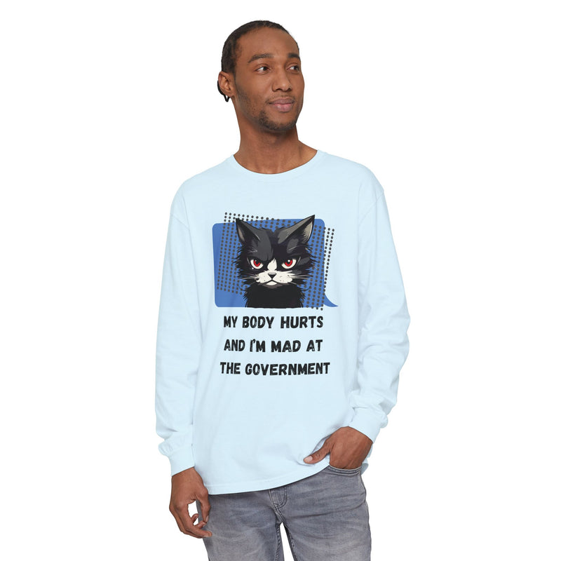Long Sleeve T‑Shirt – "My Body Hurts and I’m Mad at the Government" Cat Graphic Oversized Tee