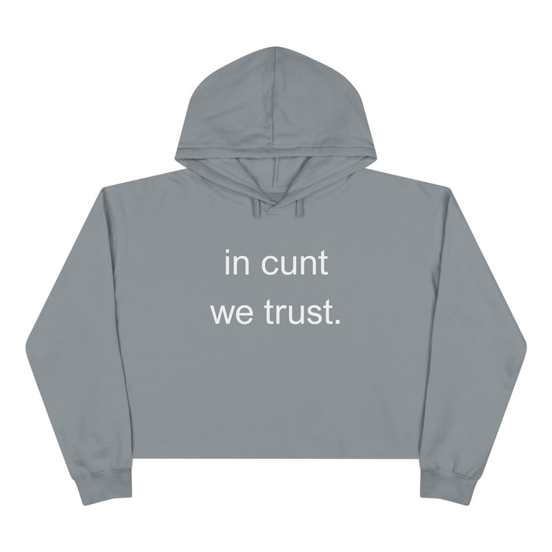 Crop Hoodie — "in cunt we trust." Minimalist Statement Crop Hooded Sweatshirt