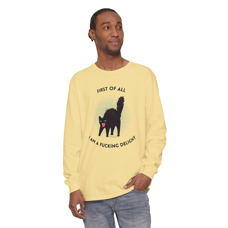 Long Sleeve Tee — “First of All I Am a Fucking Delight” Black Cat Graphic Oversized T-Shirt