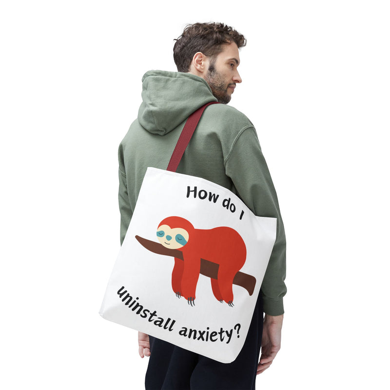 Large 18" x 18" How Do I Uninstall Anxiety? Exhausted Sloth Graphic Tote Bag