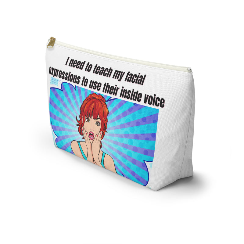 Large Size Travel Cosmetic Pouch — "I need to teach my facial expressions to use their inside voice" Retro Pop Art Makeup Bag