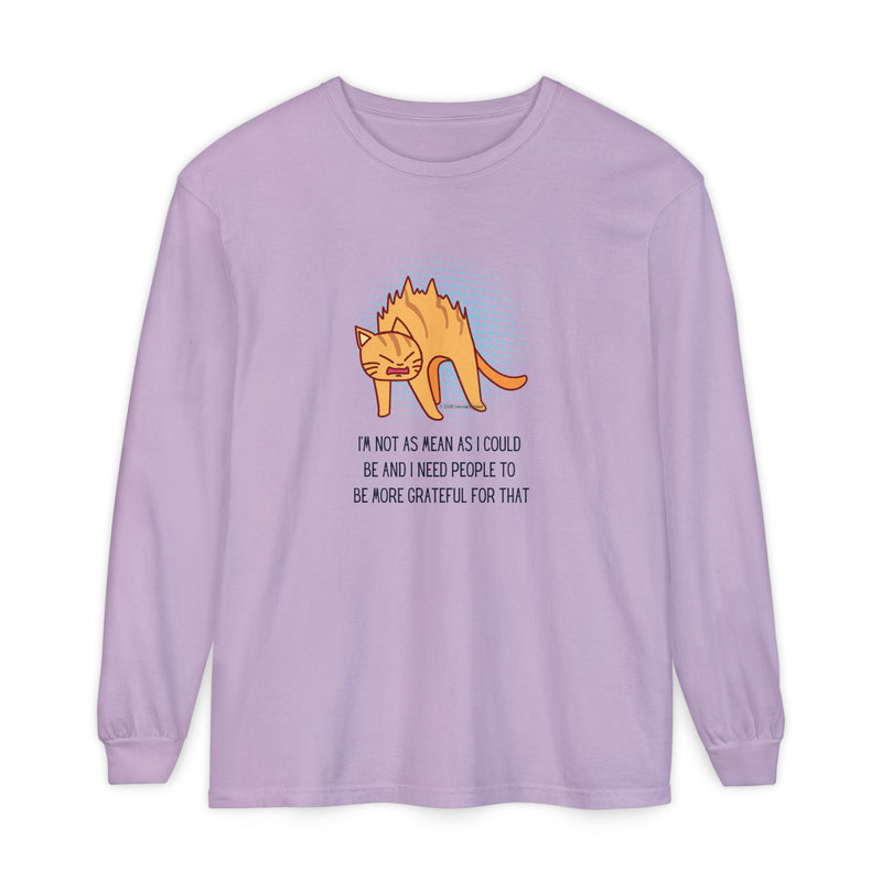 Sassy Cat Illustration Long Sleeve Tee — “I’m Not As Mean As I Could Be” Oversize T-Shirt