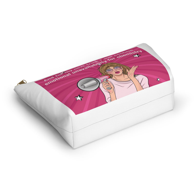 Large Size Accessory Pouch — Pink Pop Art Cosmetic Bag with Quote: “And for my next trick I will confuse emotional unavailability for chemistry”