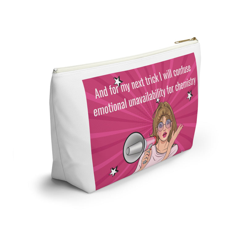 Large Size Accessory Pouch — Pink Pop Art Cosmetic Bag with Quote: “And for my next trick I will confuse emotional unavailability for chemistry”