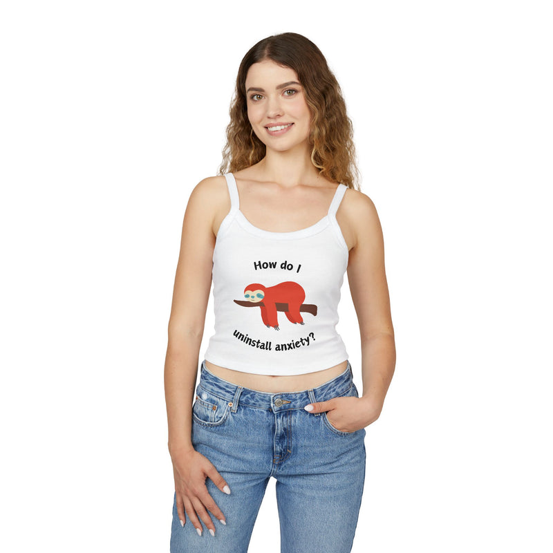 Women’s Tank Top — Exhausted Sloth “How do I uninstall anxiety?” Graphic Crop Tank