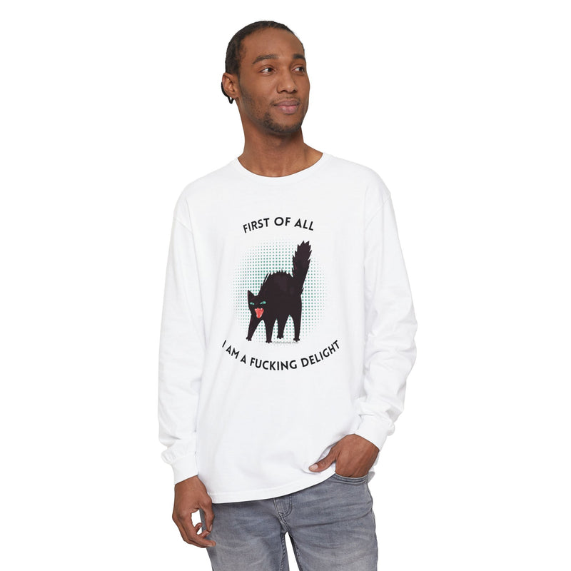 Long Sleeve Tee — “First of All I Am a Fucking Delight” Black Cat Graphic Oversized T-Shirt