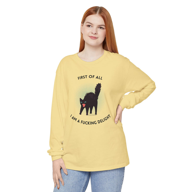 Long Sleeve Tee — “First of All I Am a Fucking Delight” Black Cat Graphic Oversized T-Shirt