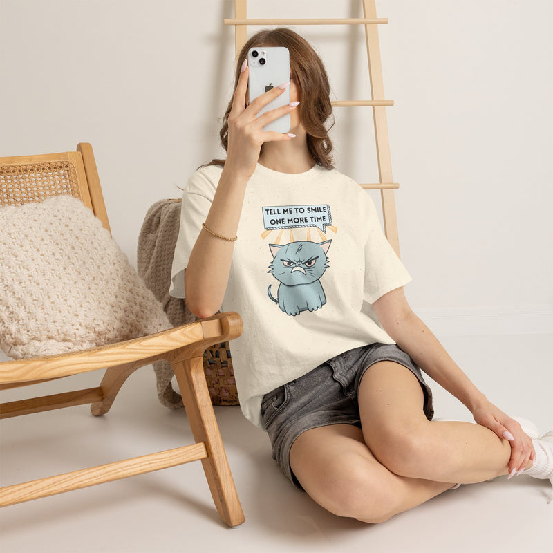 Graphic T-Shirt — Sassy Cat Tee "Tell Me To Smile One More Time"