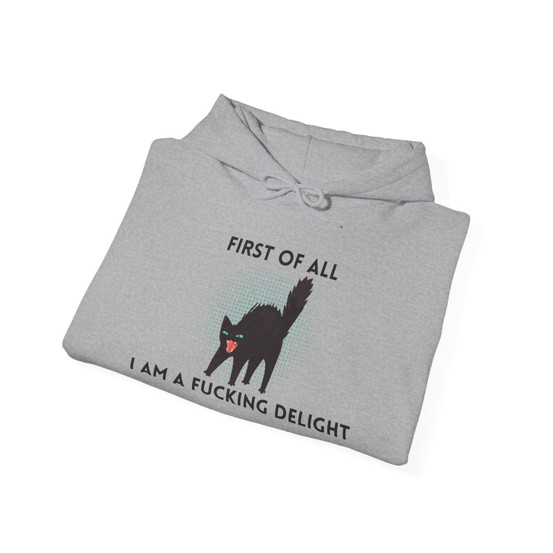 Sassy Cat Unisex Hoodie — "...I Am A Fucking Delight!" Graphic Hooded Sweatshirt