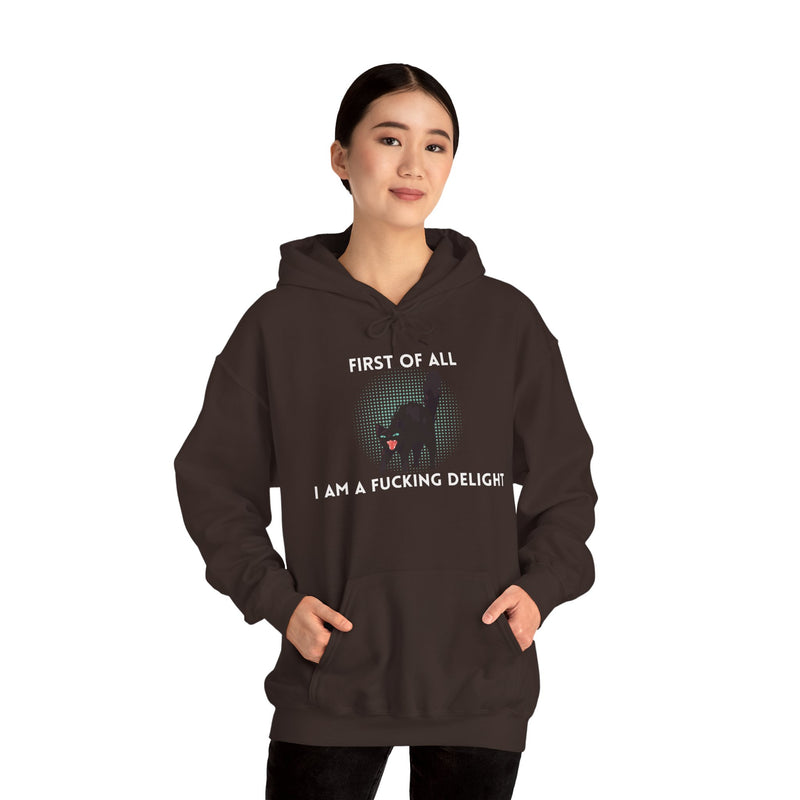 Sassy Cat Unisex Hoodie — "...I Am A Fucking Delight!" Graphic Hooded Sweatshirt