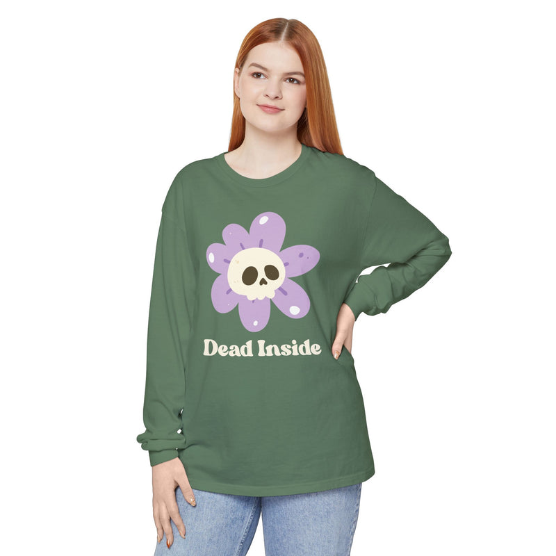 "Dead Inside" Oversized T-Shirt - Skull Flower Long Sleeve Tee