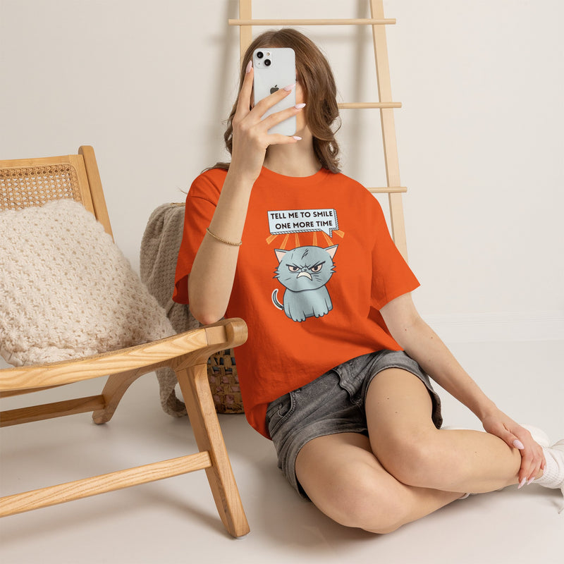 Graphic T-Shirt — Sassy Cat Tee "Tell Me To Smile One More Time"