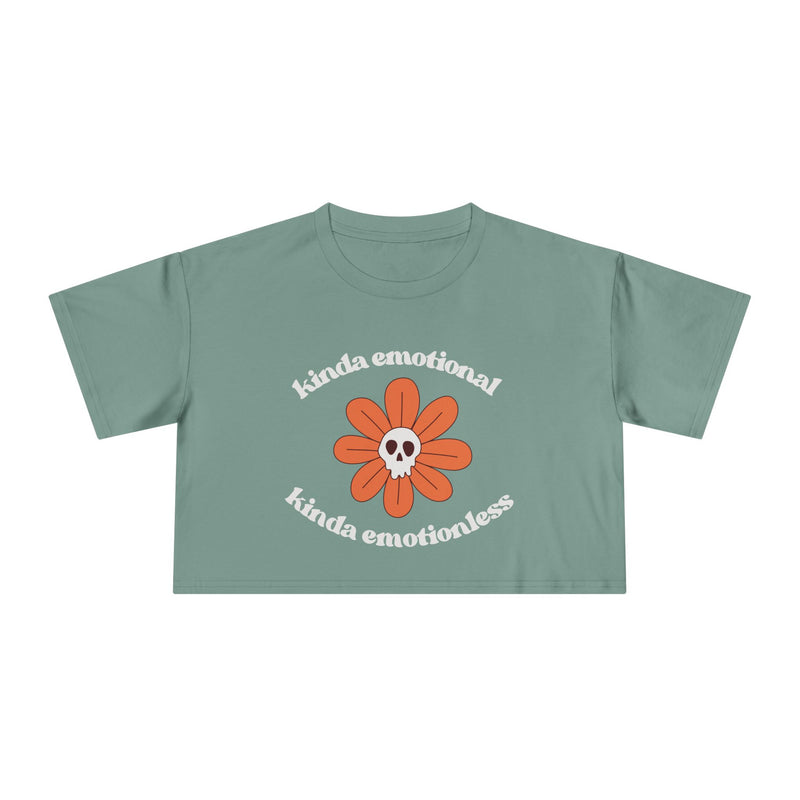 Crop Tee — 'Kinda Emotional, Kinda Emotionless' Retro Flower Skull Graphic T-shirt Top