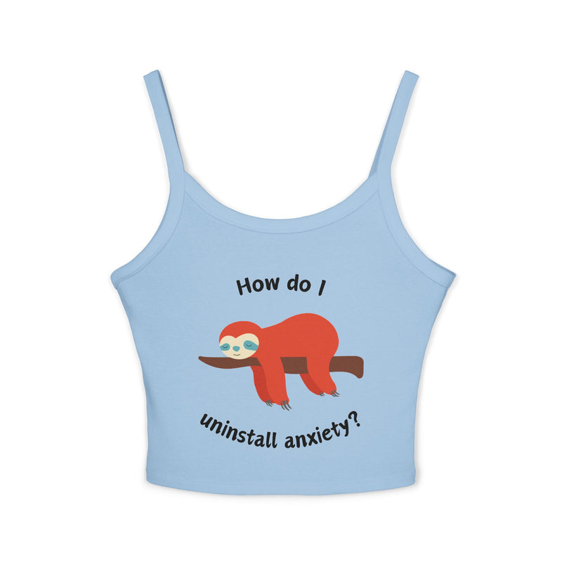 Women’s Tank Top — Exhausted Sloth “How do I uninstall anxiety?” Graphic Crop Tank