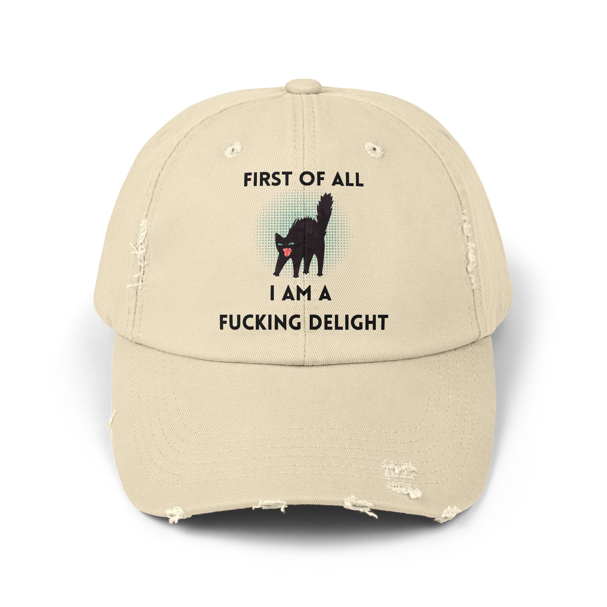 Distressed Baseball Cap — "First Of All I Am A Fucking Delight" Sassy Cat Hat