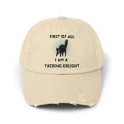 Distressed Baseball Cap — "First Of All I Am A Fucking Delight" Sassy Cat Hat