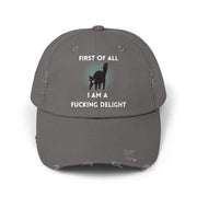Distressed Baseball Cap — "First Of All I Am A Fucking Delight" Sassy Cat Hat