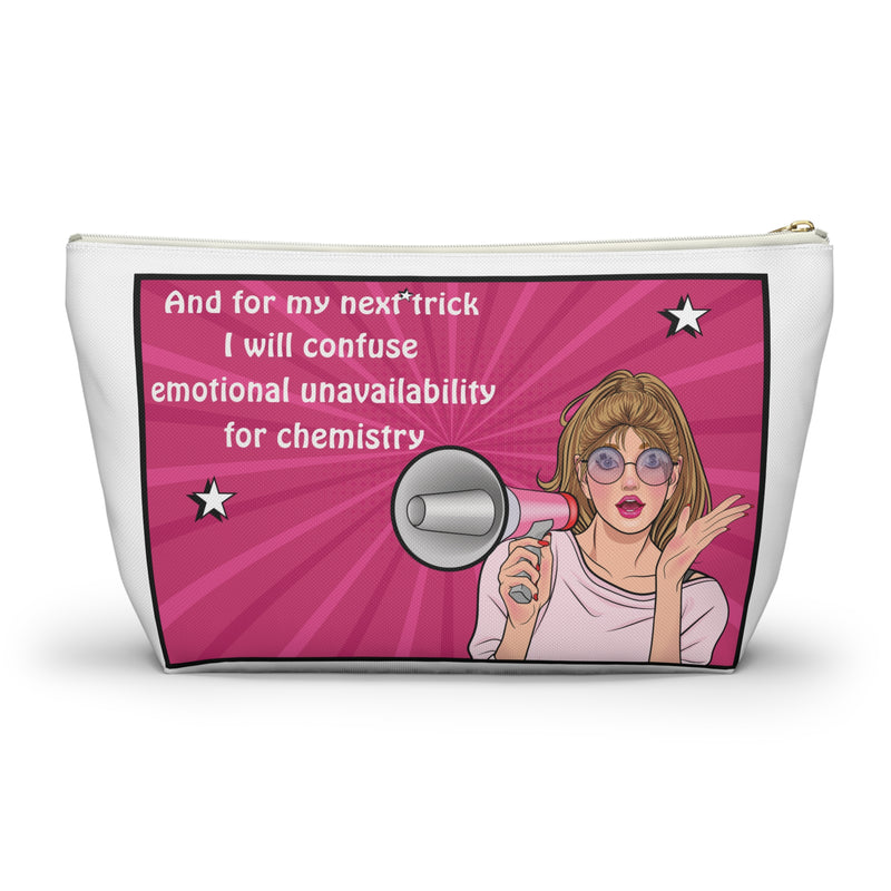 Large Size Accessory Pouch — Pink Pop Art Cosmetic Bag with Quote: “And for my next trick I will confuse emotional unavailability for chemistry”