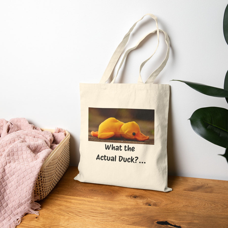 "What the Actual Duck?" Canvas Tote Bag – Exhausted Duck Illustration Reusable Grocery Bag