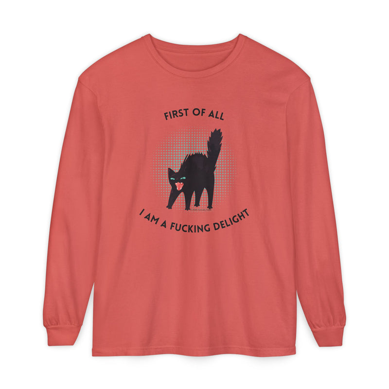 Long Sleeve Tee — “First of All I Am a Fucking Delight” Black Cat Graphic Oversized T-Shirt