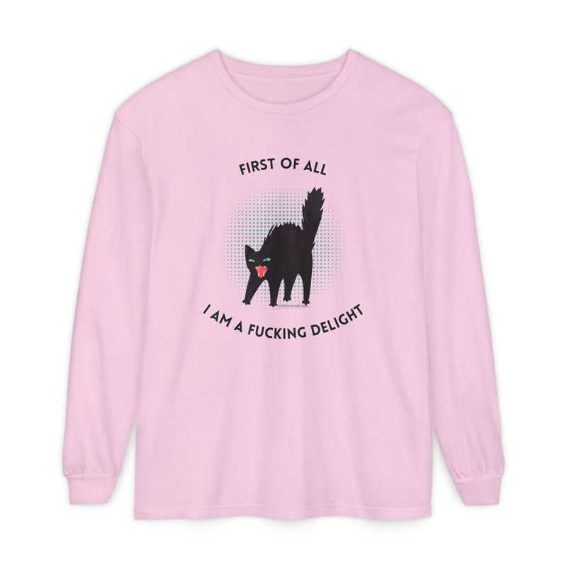 Long Sleeve Tee — “First of All I Am a Fucking Delight” Black Cat Graphic Oversized T-Shirt