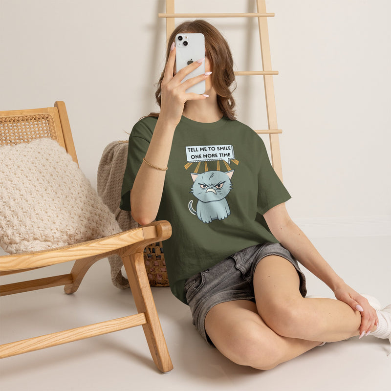 Graphic T-Shirt — Sassy Cat Tee "Tell Me To Smile One More Time"