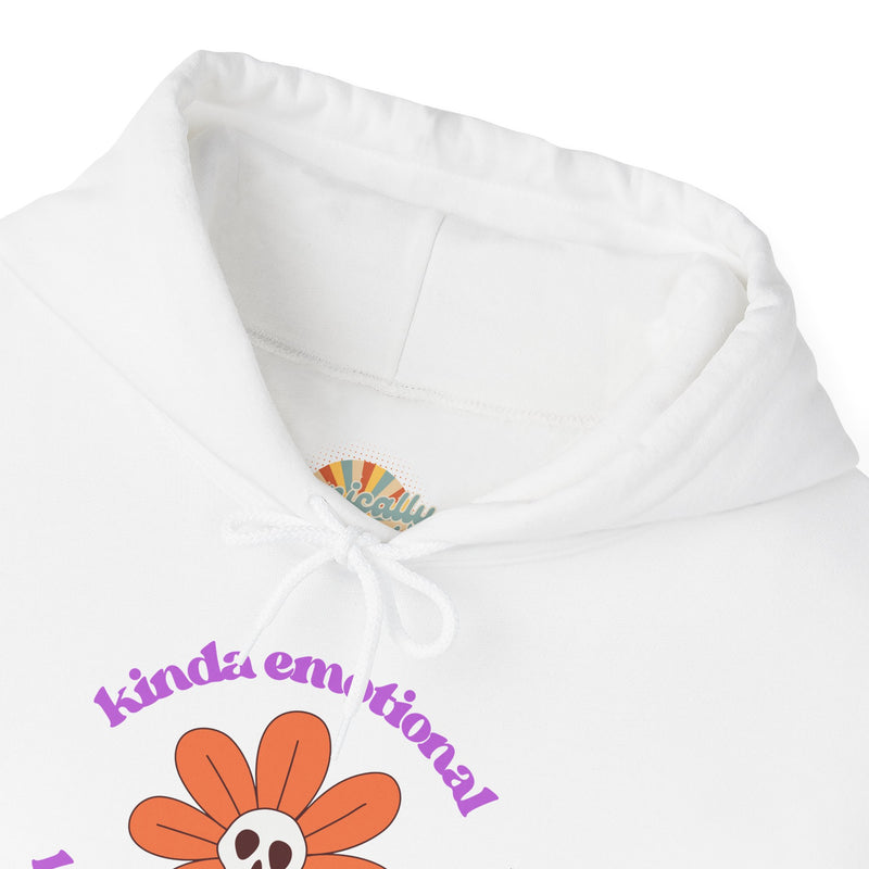Floral Skull Graphic Hoodie — "Kinda Emotionless, Kinda Emotional" Mental Health Awareness Hooded Sweatshirt